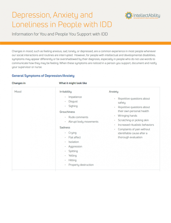Depression, Anxiety and Loneliness in People with IDD