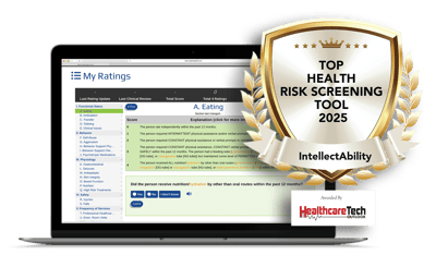 Laptop showing ratings and stating that IntellectAbility is the Top Health Risk Screening Tool in 2025